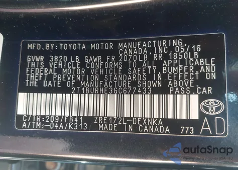 2016 Toyota Corolla Le from USA, damaged, VIN 2T1BURHE3GC677433